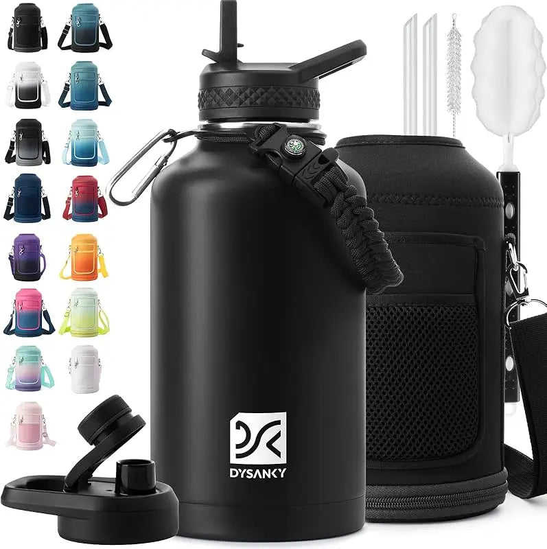 64 oz Insulated Water Bottle Thickened Stainless Steel Vacuum Design, BPA-Free, Large Jug with Straw, Carrier Bag & Handle Strap