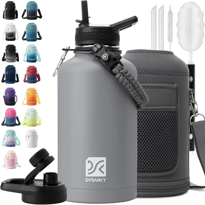 64 oz Insulated Water Bottle Thickened Stainless Steel Vacuum Design, BPA-Free, Large Jug with Straw, Carrier Bag & Handle Strap