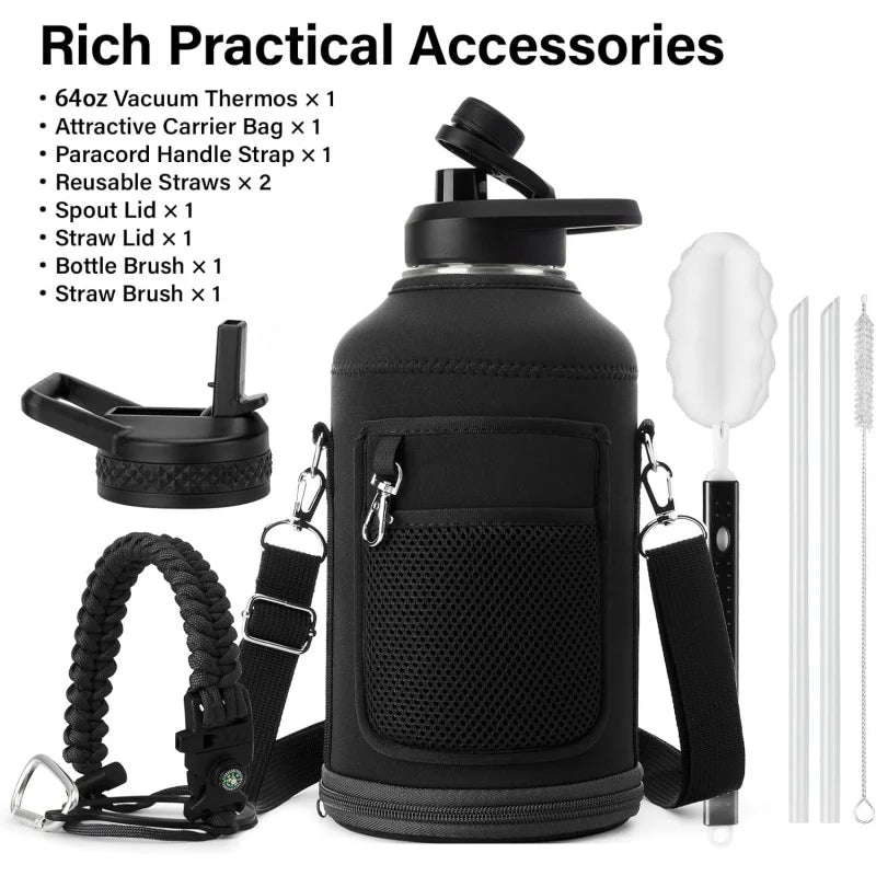 64 oz Insulated Water Bottle Thickened Stainless Steel Vacuum Design, BPA-Free, Large Jug with Straw, Carrier Bag & Handle Strap