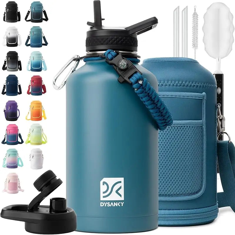 64 oz Insulated Water Bottle Thickened Stainless Steel Vacuum Design, BPA-Free, Large Jug with Straw, Carrier Bag & Handle Strap